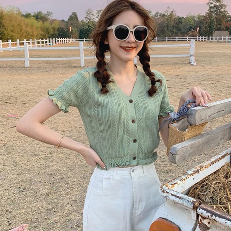 Áo Croptop Dệt Kim Tay Ngắn Thiết Kế Trễ Vai Nữ Tính