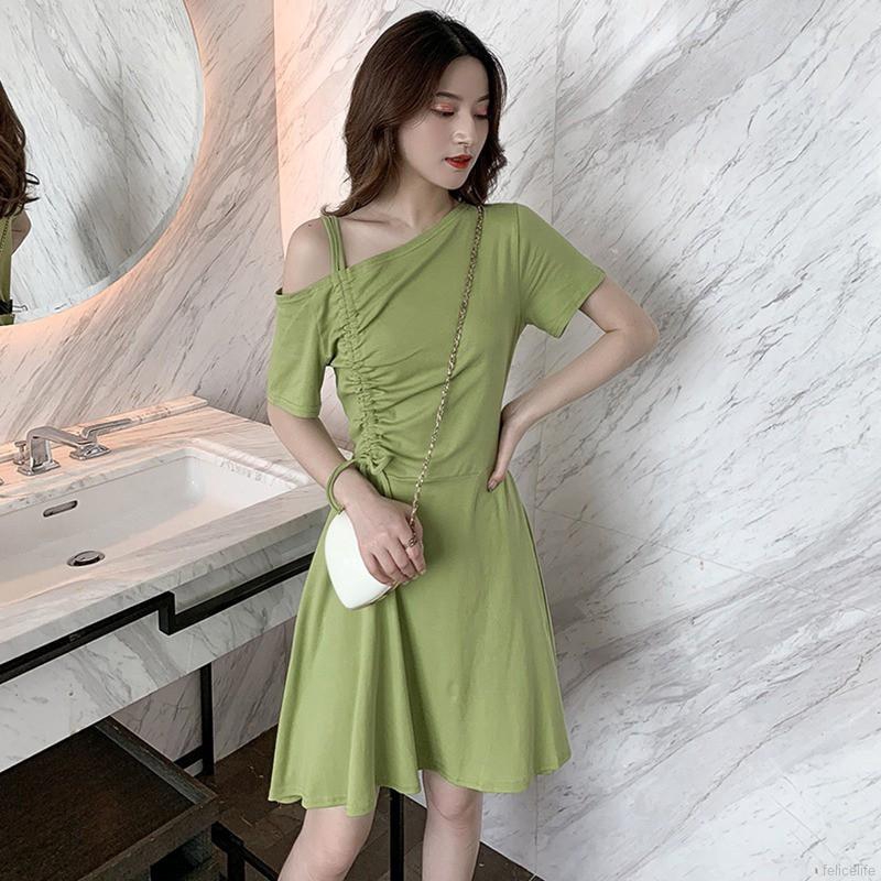 Đầm chữ A trễ vai màu trơn thời trang trẻ trung cho nữ