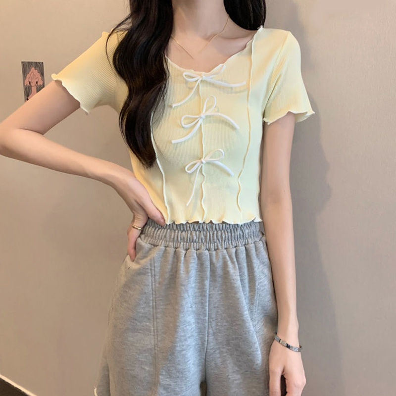Áo Thun Croptop Dệt Kim Tay Ngắn Cổ Tròn Phối Nơ Họa Tiết Kẻ Sọc Màu Tương Phản Dễ Thương Thời Trang Cho Nữ