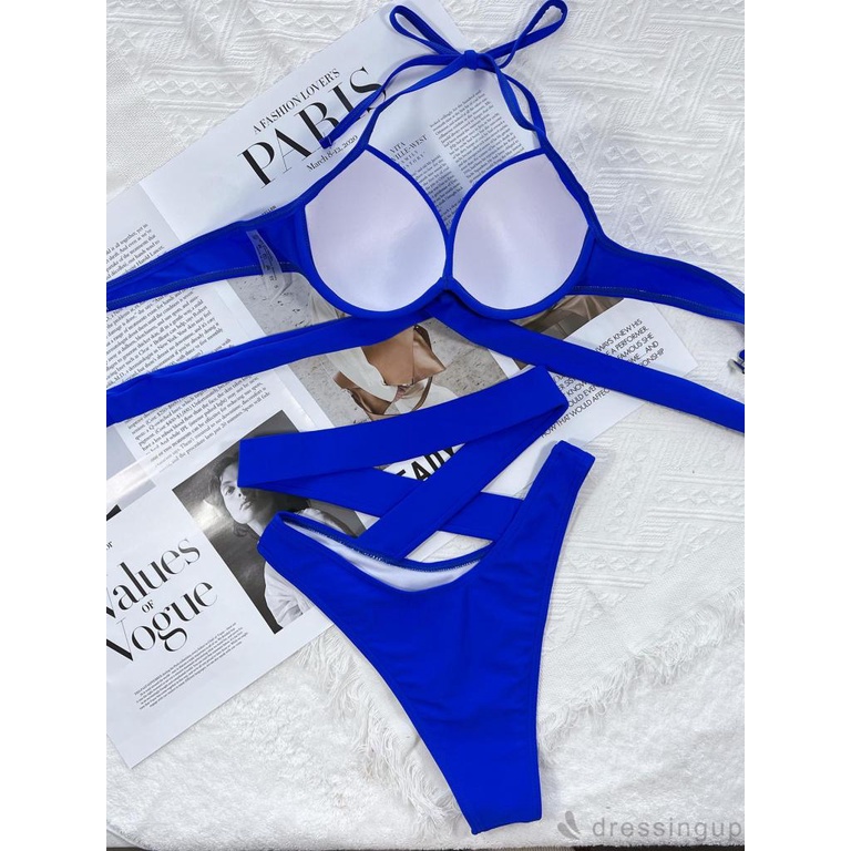 Bộ Bikini 2 Mảnh Lưng Cao Nâng Ngực Màu Trơn Cá Tính Cho Nữ