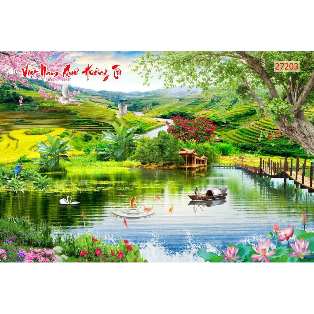 Tranh dán tường 3d phong cảnh thiên nhiên trang trí phòng khách chất liệu decal pp keo sẵn bóc dán atk9