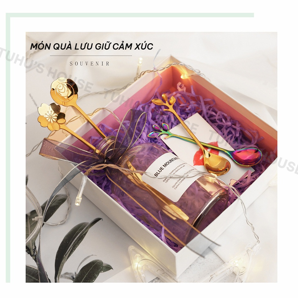Thìa nĩa inox HÌNH HOA, muỗng cà phê inox, thìa dài uống trà hai màu vàng bạc sang trọng, tinh tế - TUHUHOUSE