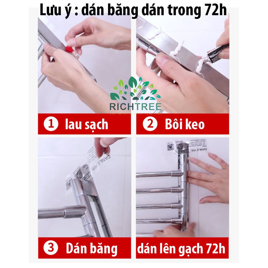 Giá treo khăn nhà tắm RICHTRE thanh di chuyển 180 độ, chất liệu inox 304 dính keo hoặc bắn vít siêu chắc có móc treo đồ