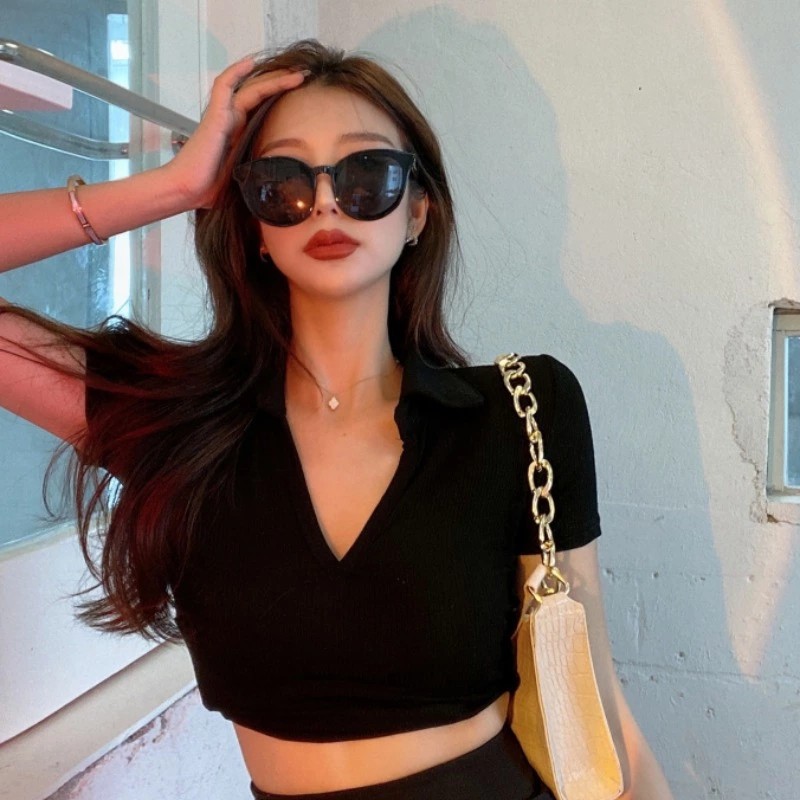 Áo Thun Croptop Dệt Kim Tay Ngắn Cổ Chữ V Màu Sắc Đơn Giản Phong Cách Hàn Quốc