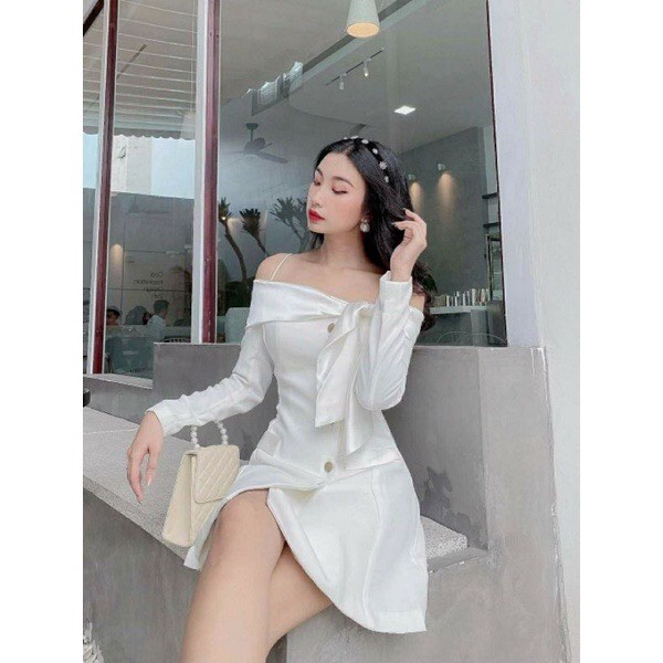 Đầm nữ đầm dự tiệc kiểu nữ lệch vai đầm trễ vai 2 dây dáng xoè nơ ngực tiểu thư 2 lớp sang chảnh