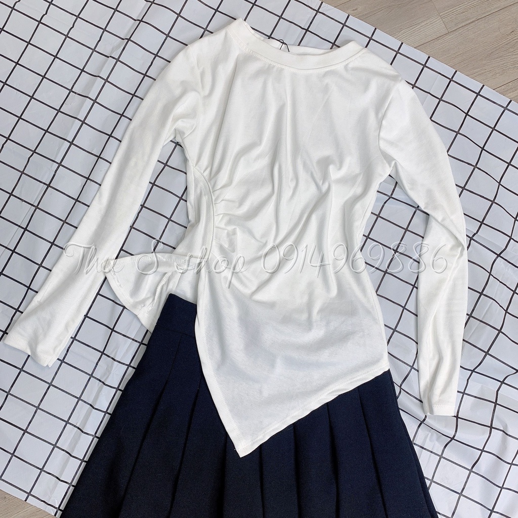 Áo thun nữ dài tay nhún eo vạt chéo xẻ tà chất cotton mềm co dãn tôn eo THUS A2H05