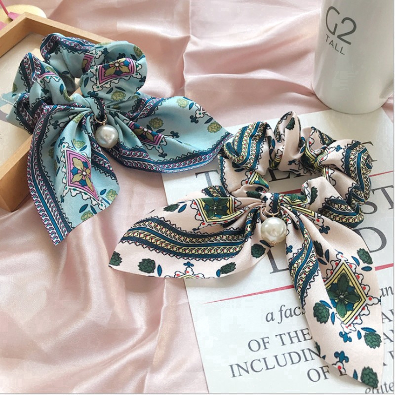 Dây buộc tóc đính nơ và ngọc trai dễ thương cho nữ