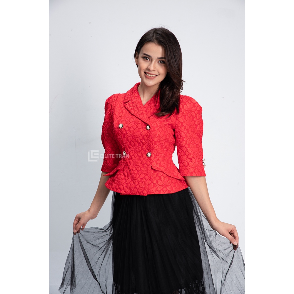 Áo vest đờ mi tay lỡ vân hoa hai hàng cúc màu đỏ ELITE TRẦN by LINHELITE
