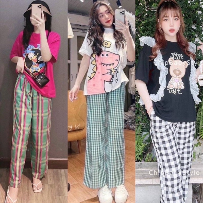SET ÁO THUN KÈM QUẦN CARO ỐNG RỘNG