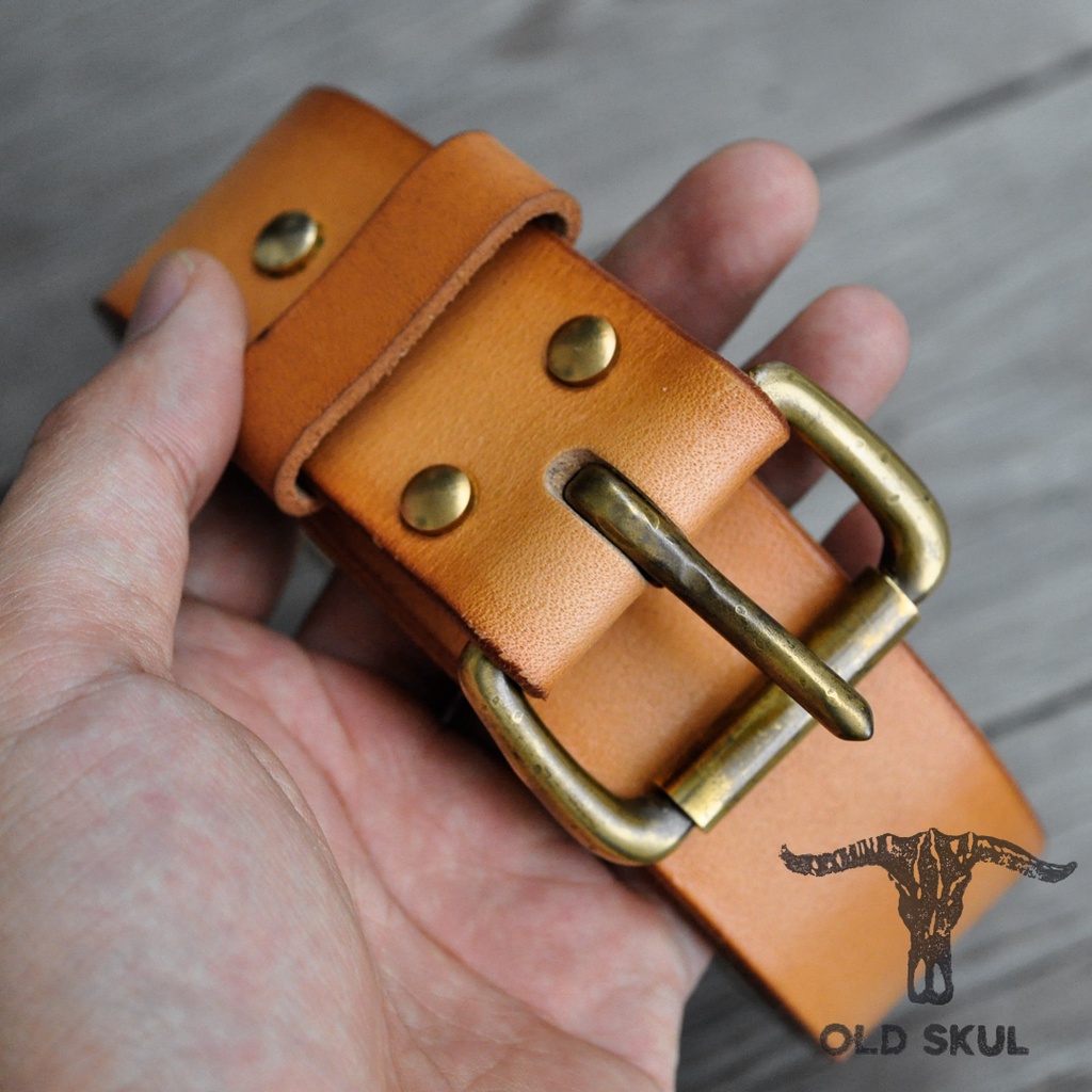 Dây lưng da handmade Old Skul da veg Ý màu tự nhiên không nhuộm, khóa đồng thau phong cách bụi và cổ điển DLOS01