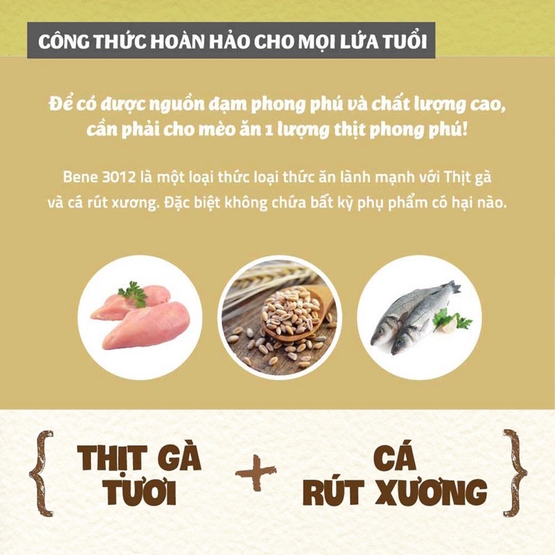 Thức ăn hạt cho mèo Natural Core C3 Bene 3012 | Thịt gà và Cá hồi | Tốt cho tiết niệu và tim mạch