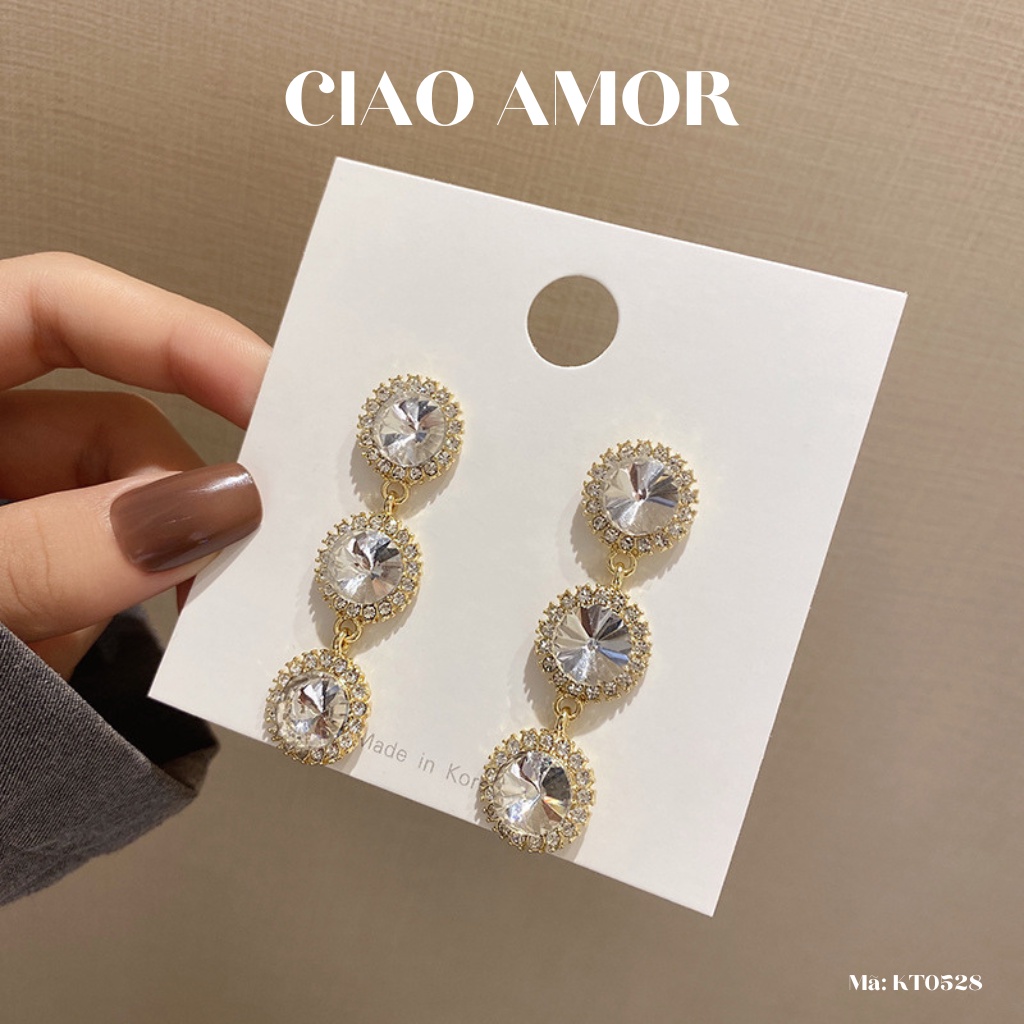 KT0528-Khuyên tai nữ, Bông tai dài 3 hạt đính đá lấp lánh dự tiệc Trang sức Ciao Amor