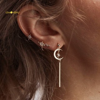 Set 3 khuyên tai xỏ lỗ hình mặt trăng và ngôi sao đính đá thời trang