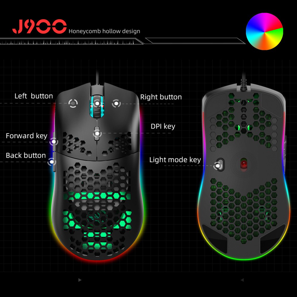 Chuột Quang MACRO HXJS J900 RGB Bề Mặt Lưới Xuyên Thấu Cực Đẹp DPI 6400 - Hàng chính hãng