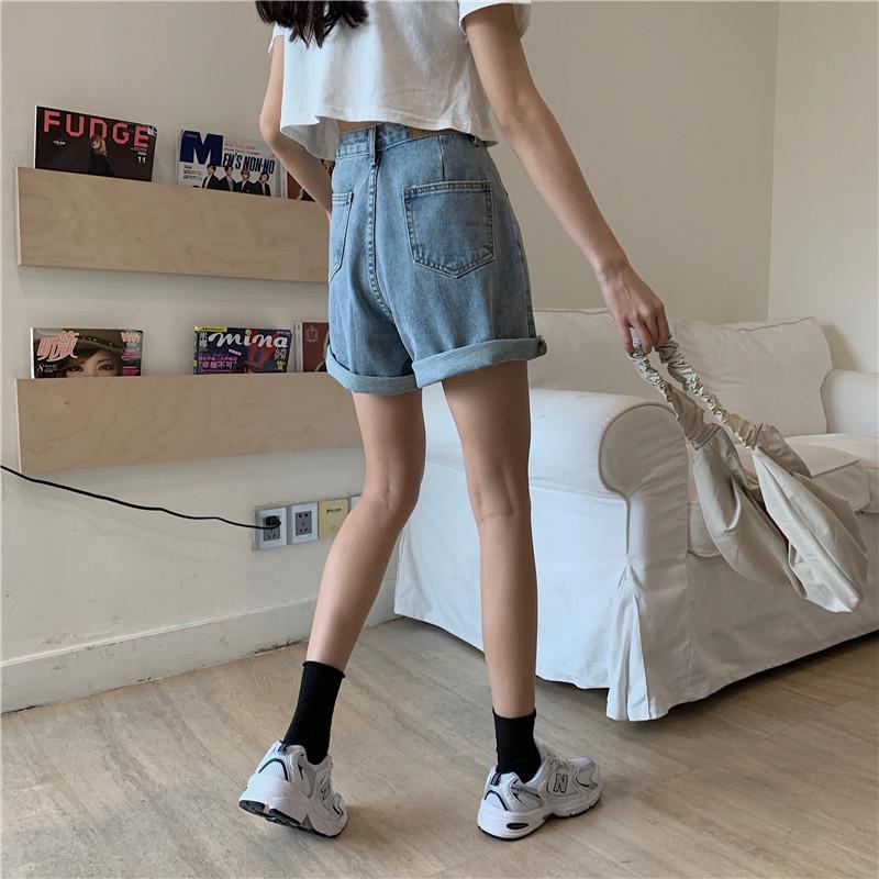 Quần Short Denim Ống Rộng Lưng Cao Màu Xanh Dương Thời Trang Mùa Hè Theo Phong Cách Hàn Quốc Cho Nữ