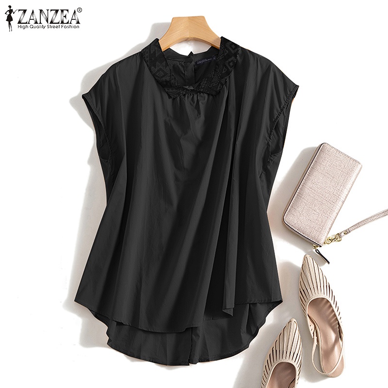 Áo kiểu Zanzea tay ngắn cổ bẻ cài nút sau phong cách vintage thời trang dành cho nữ
