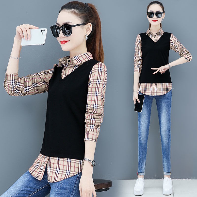 Áo sơ mi tay dài giả hai lớp thời trang xuân thu cho nữ