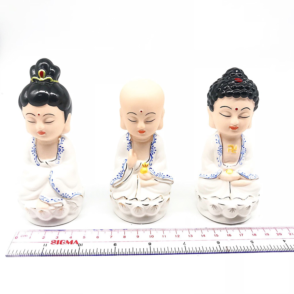 Bộ tượng Phật Quan Âm, Thích ca, Địa tạng gốm sứ áo trắng viền xanh đế sen phong thủy