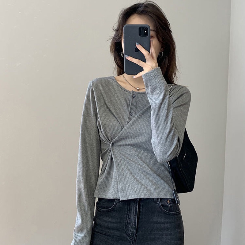 Áo cardigan IELGY dáng ôm vải cotton dệt kim sọc gân tay dài cổ tròn phối nút cài co giãn cho nữ