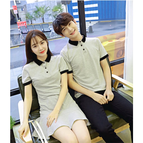 ☑❃✘Set đồ đôi nam nữ màu xám phối cổ đen, áo váy + polo