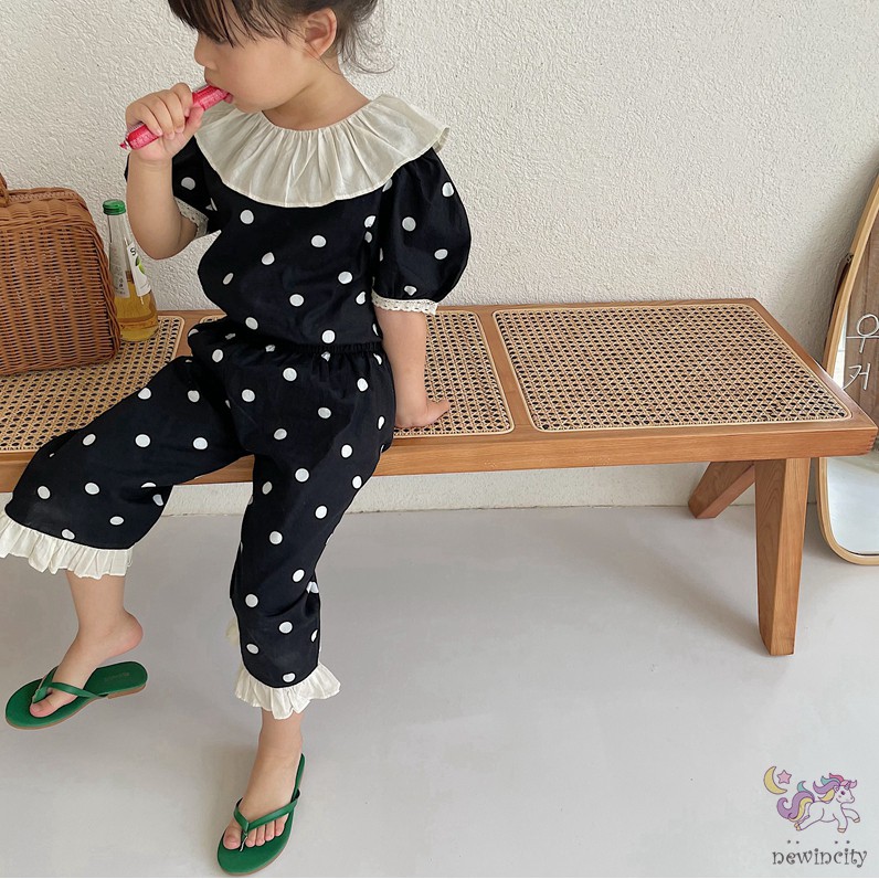 Bộ Áo Thun Tay Ngắn Phối Ren Họa Tiết Chấm Bi + Quần Dài Kiểu Hàn Quốc Thời Trang Mùa Hè Cho Bé Gái