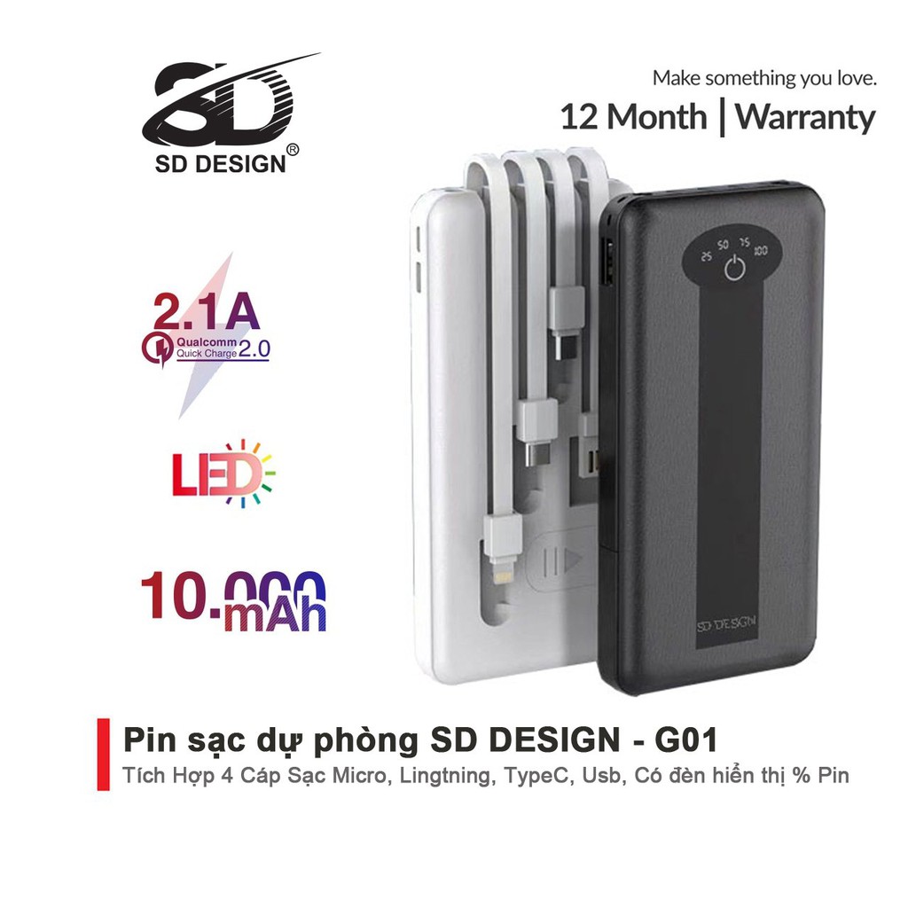 Pin sạc dự phòng 10000mAh SD DESIGN G01 có đầy đủ chân sạc cho iphone, samsung, xiaomi,...bảo hành 12 tháng