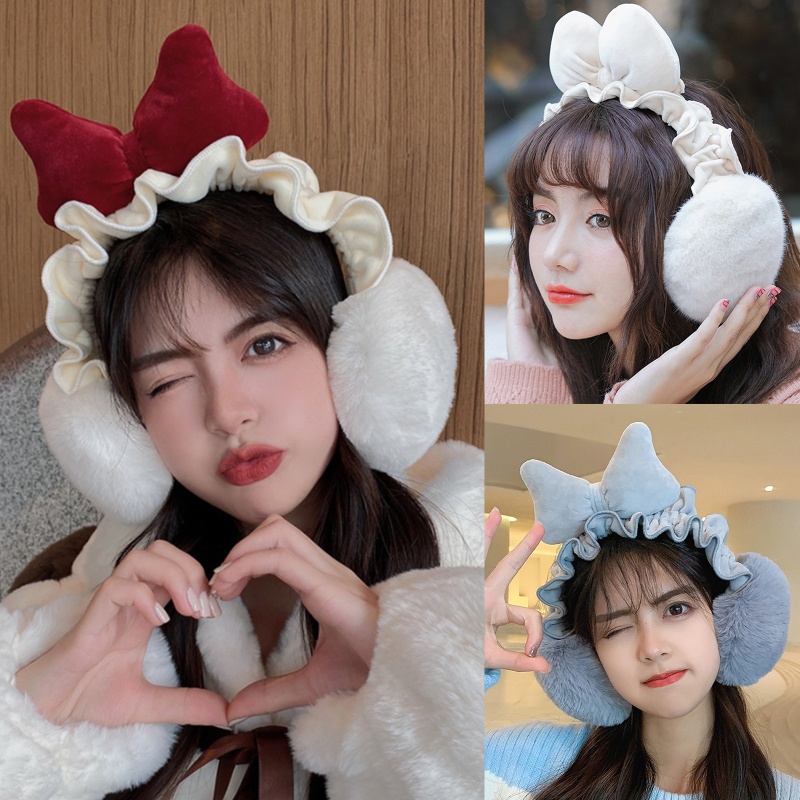 Chụp Tai Nhồi Bông Hình Nơ Viền Bèo Thời Trang Mùa Đông Cho Bé Gái