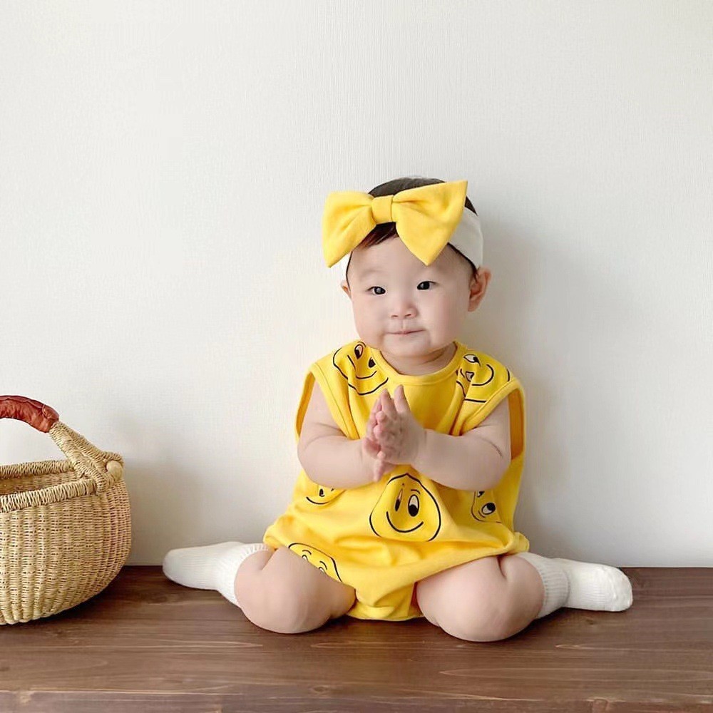 Bộ Áo Liền Quần Không Tay In Hình Mặt Cười + Băng Đô Thời Trang Mùa Hè Cho Bé Sơ Sinh
