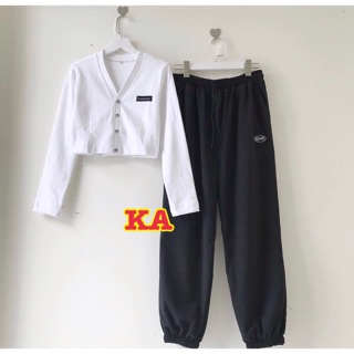 Set áo croptop dài tay cài cúc khoác nhẹ + quần bom chun gấu spun