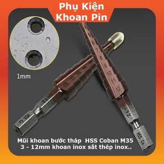 Mũi khoan tháp, bước HSS M35 cobalt  lỗ khoan 4mm - 12mm chân lục giác,chất liệu cobalt , độ cứng cao , khoan inox