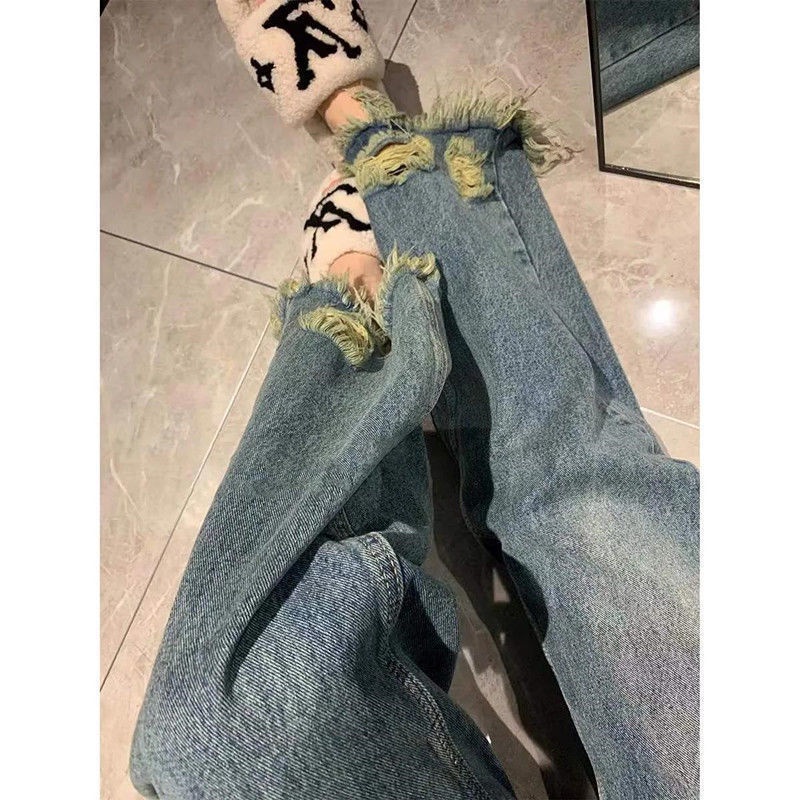 Jiashucheng Quần Jean Rách Lưng Cao Phối Tua Rua Rách Đường Phố Mùa Xuân Hè Cho Nữ