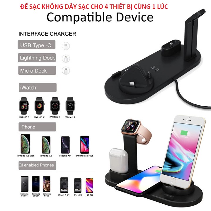 Đế Sạc Không Dây Chuẩn QI, Sạc Nhanh 4in1 Cho Apple Watch- iPhone- Airpods Cao Cấp Nhất