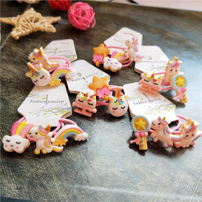Set 3 dây buộc tóc co giãn hình kỳ lân / cầu vồng / đám mây / hoạt hình xinh xắn đáng yêu cho bé