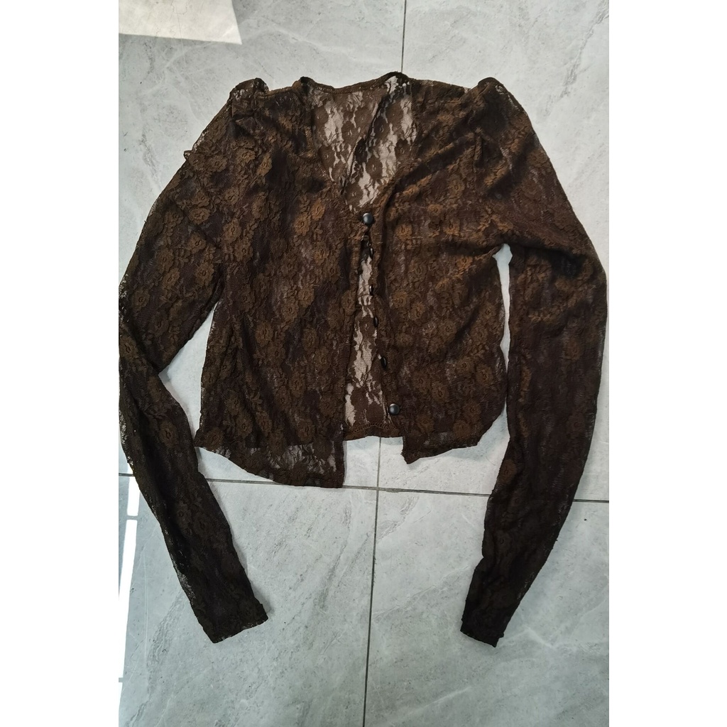 Áo croptop ren xuyên thấu tay dài cổ chữ V quyến rũ cho nữ