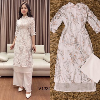 Set áo dài trắng thêu hoa 3d
