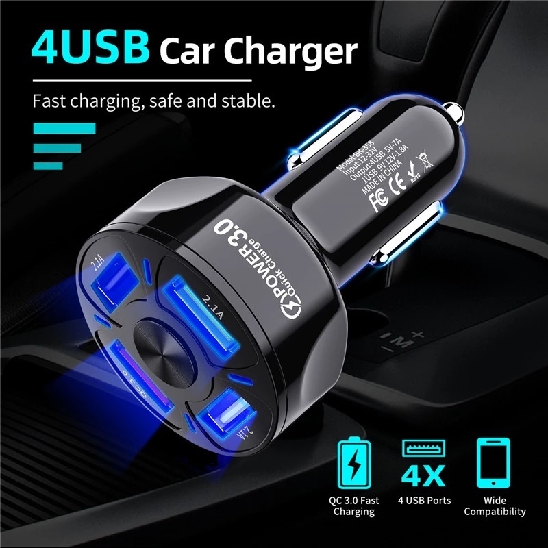 Củ sạc nhanh 4 cổng 7A mini cho xe hơi