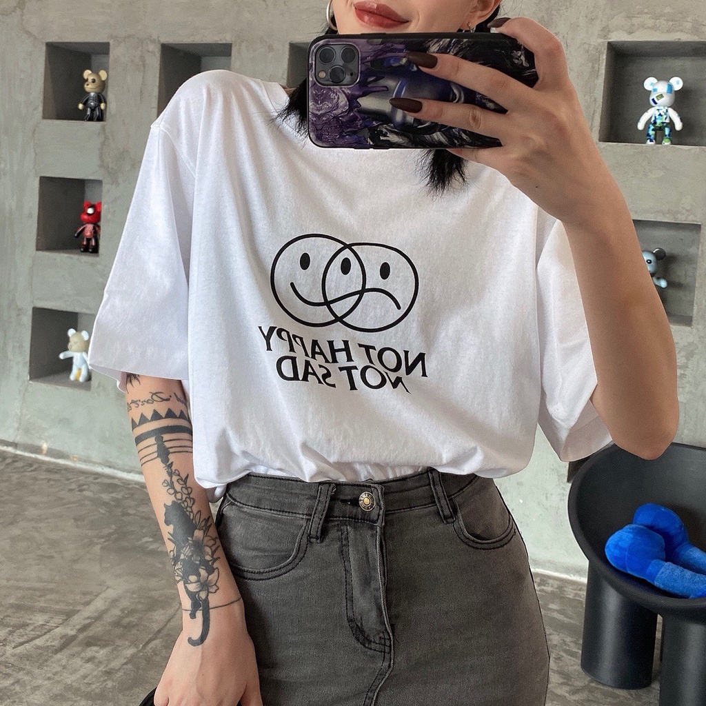 VETEMENTS 2022SS Fun Smiley Letter Print T-Shirt Versatile Round Neck Loose Casual Short Sleeves
