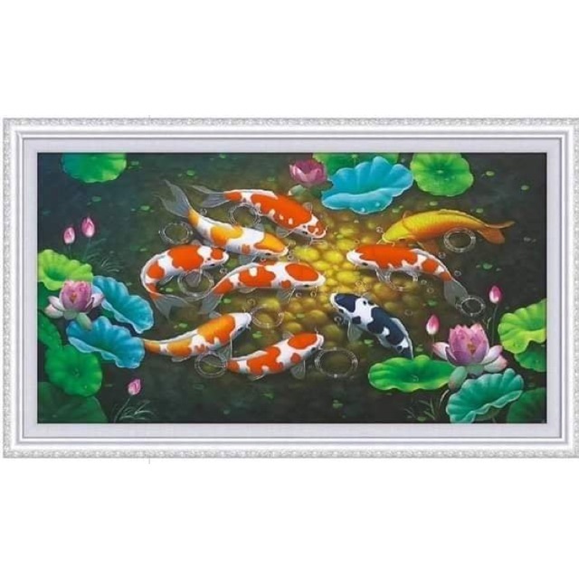 Tranh đính đá cửu ngư quần hội cá chép hoa sen 120x65cm