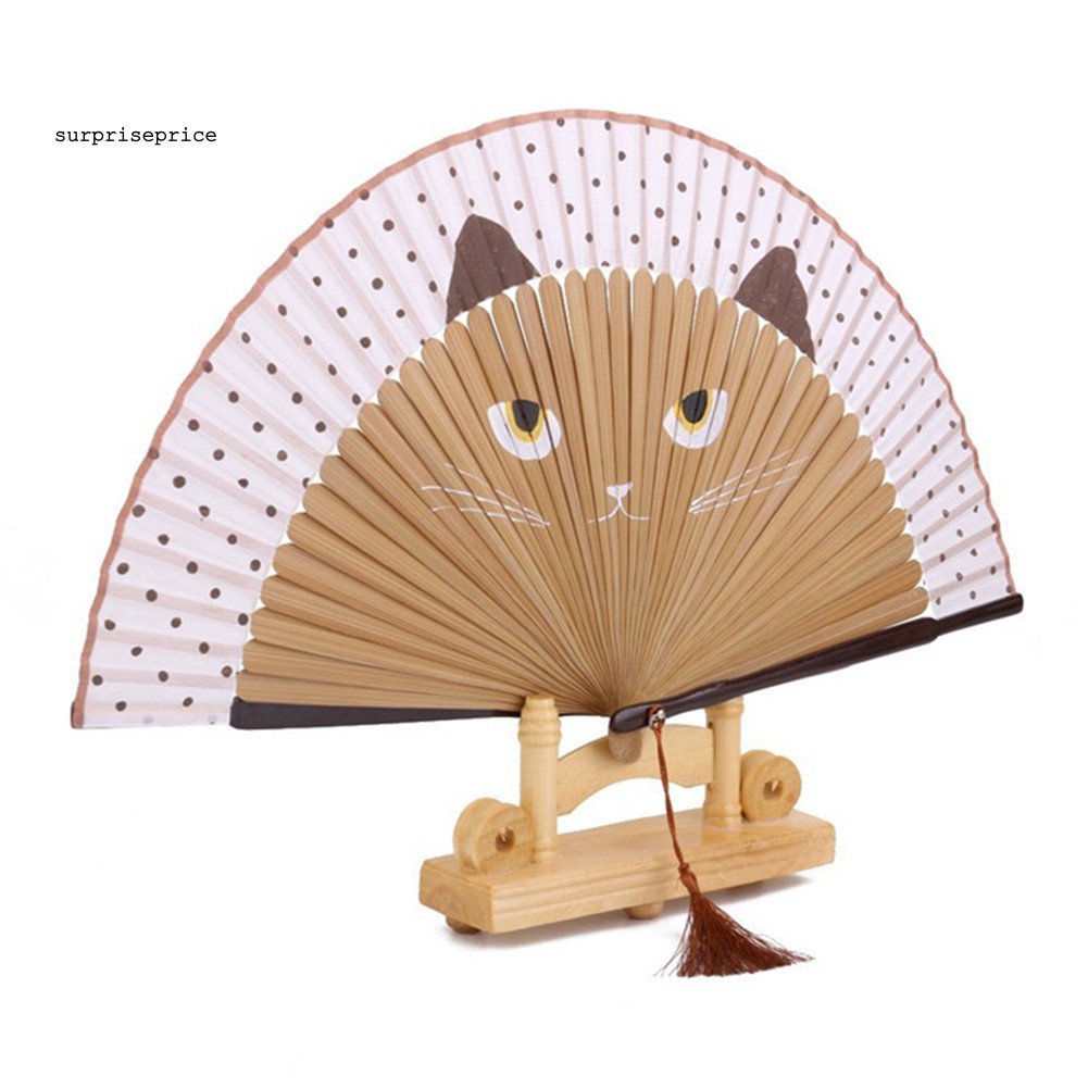 Quạt xếp cầm tay in hình mèo phong cách cổ điển