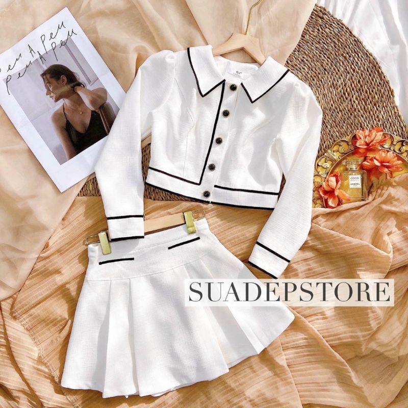 Set bố dạ áo cổ sen tay dài viền + chân váy xếp li