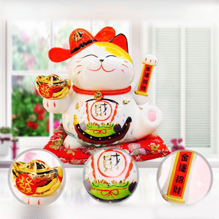 Mèo vẫy tay may mắn Lộc tiến vinh hoa 24cm gốm sứ, mèo thần tài nhật bản Maneki neko