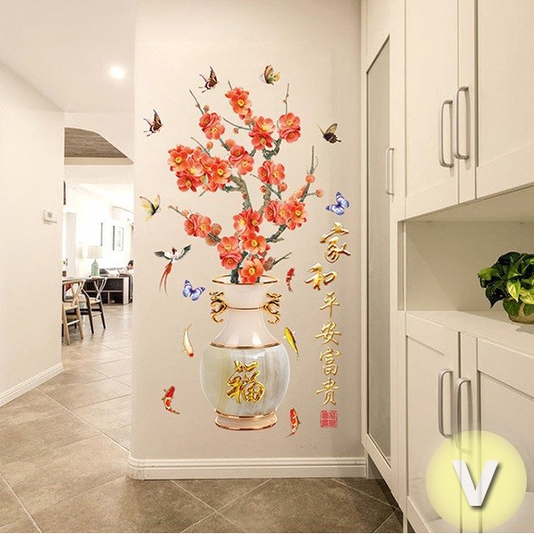 Decal dán tường Bình hoa đào đỏ