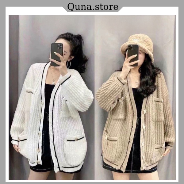 Áo khoác nữ cardigan len dáng dài rộng viền kẻ đen AL08