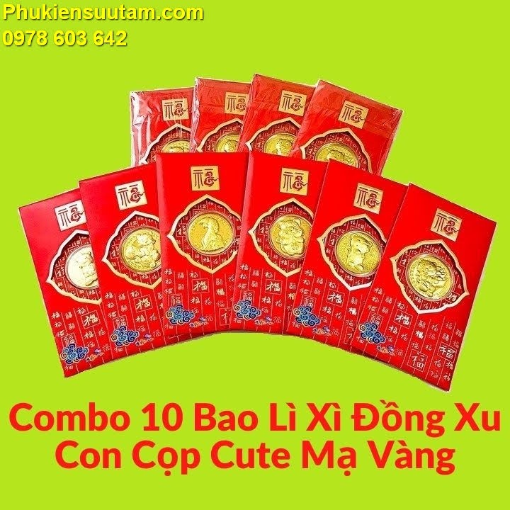 Combo 10 Bao Lì Xì Đồng Xu Con Cọp Cute Mạ Vàng, Chất liệu Giấy bìa, hộp nhựa - TMT Collection - SP005484