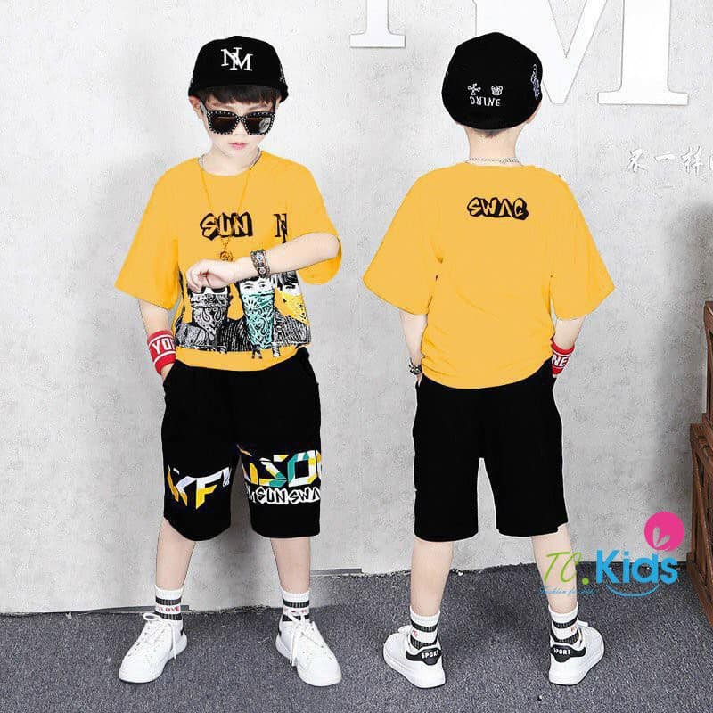 Bộ bé trai phong cách hip hop thun cotton xinh mát 4 màu phối như hình