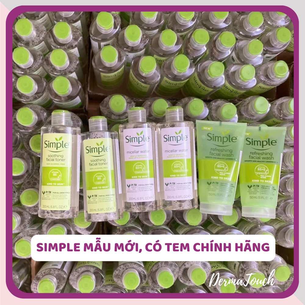 Simple Sữa rửa mặt Simple, Tẩy trang Simple, Toner Simple, Dưỡng ẩm Simple, mẫu mới, có tem phụ chính hãng - Derma Touch