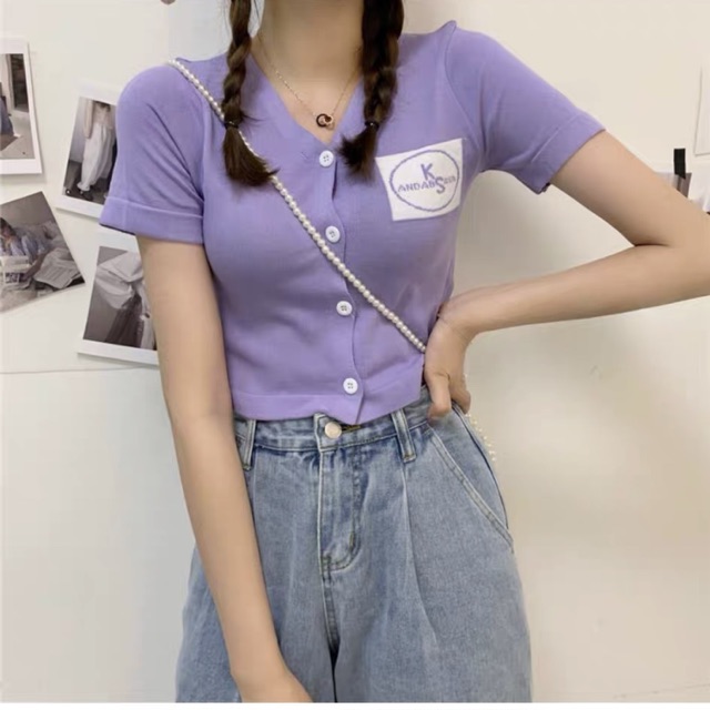 Áo len mỏng croptop ngực huy hiệu 9549 Ulzzang style Hàng Quảng Châu