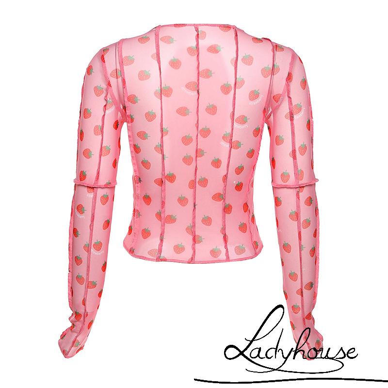 Áo thun dài tay hở rốn in họa tiết dâu tây dành cho nữ