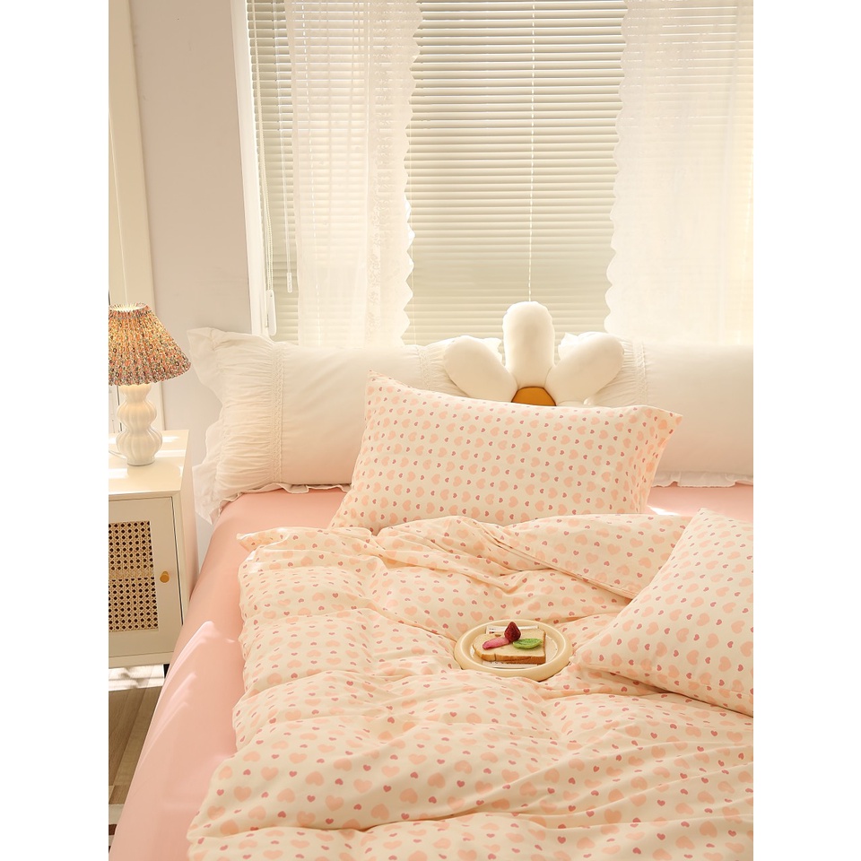 Bộ chăn ga gối cotton Living nhập khẩu LONAAbedding họa tiết tim nhí ( full size)