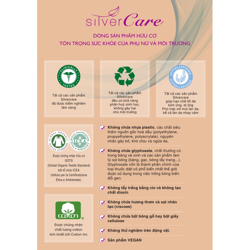 Băng Vệ Sinh Ban Đêm / ORGANIC / Băng Vệ Sinh Hữu Cơ Siêu Mỏng Có Cánh Ban Đêm Silvercare, nhập khẩu Tây Ban Nha